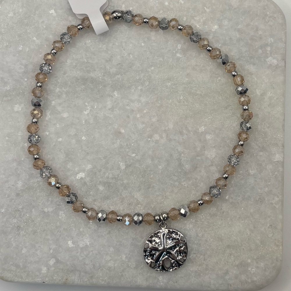 *ANKLET* S. Steel Silver Sand Dollar with Champagne Crystal Stretchy Anklet - Picture 4 of 7